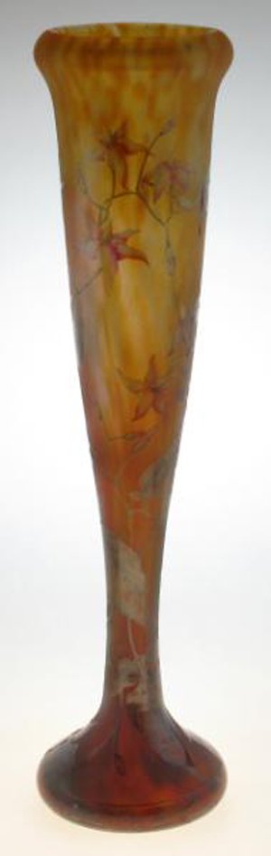 DAUM NANCY ACID ETCHED CAMEO GLASS VASE: - with enameled iris scene on a mottled amber ground. Tapered body with flared lip atop circular base. Signed in cameo with cross of Lorraine. Height: 17 1/4 in. (43.81 cm)
