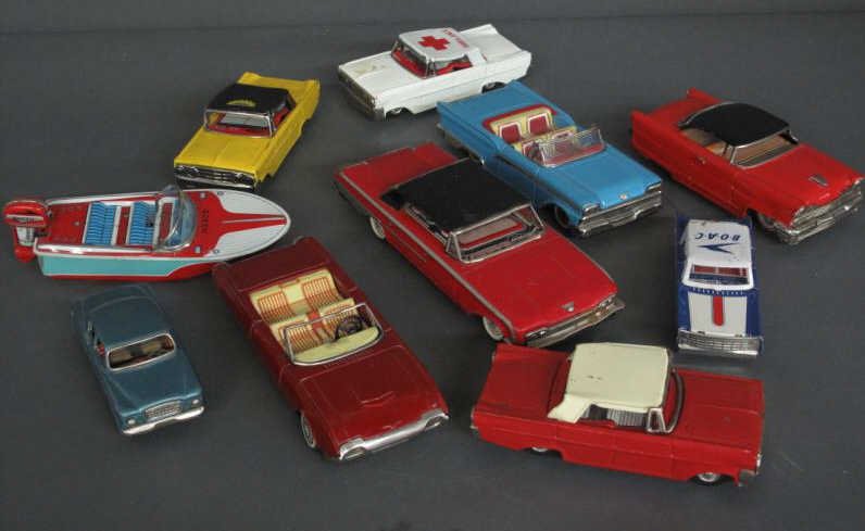 GROUP LOT OF TOY VEHICLES (10): mainly Japanese, sedans, speed boat, Ford Thunderbird, Ford Fairlane, Ambulance, Taxi and others.