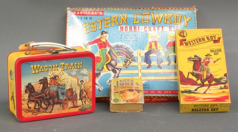 CHILDRENS WESTERN TOY LOT: includes a Wagon Train tin lunchbox, a Big Little book, "Buck Jones and the Two Gun Kid", Weatern Boy leather holster set and a cowboy hobby craft kit. Size: 12 x 16 in. (and smaller)