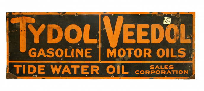 Porcelain on Metal, Single Sided Sign - Tydol Gaso: Porcelain on Metal, Single Sided Sign - Tydol Gasoline Veedol Motor Oils Tide Water Oil Sales Corporation - 84" x 30 1/2"