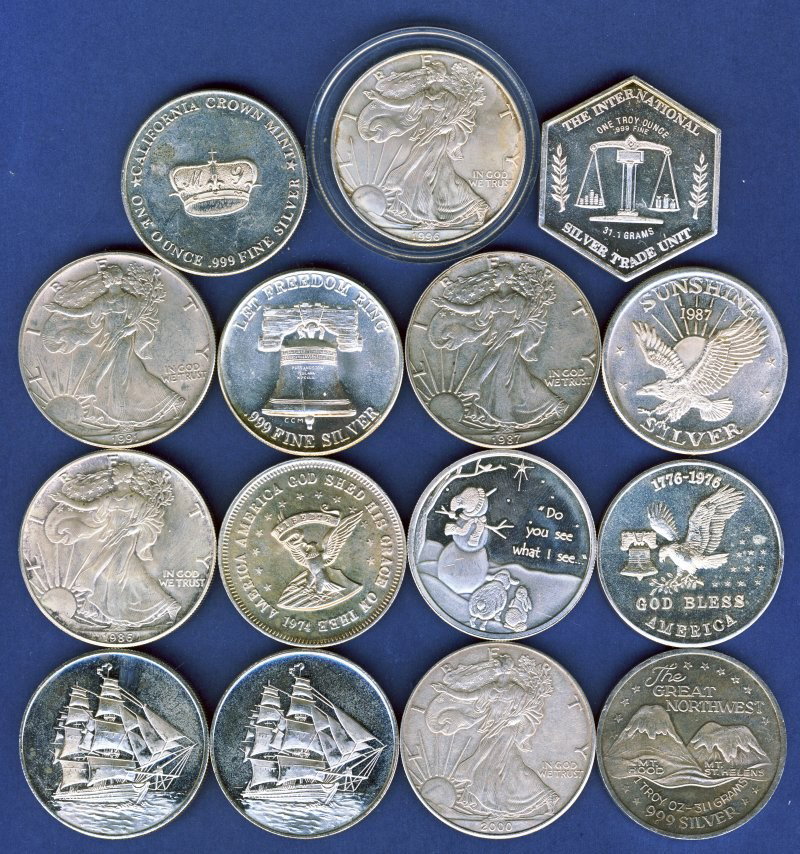 15 OZ .999 FINE SILVER ROUNDS: A nice random collection of .999 silver ounces including a few American silver Eagles. Winner take all 15 ounces shown here. 15 OZ .999 FINE SILVER ROUNDS PTR (KVMM PTR)