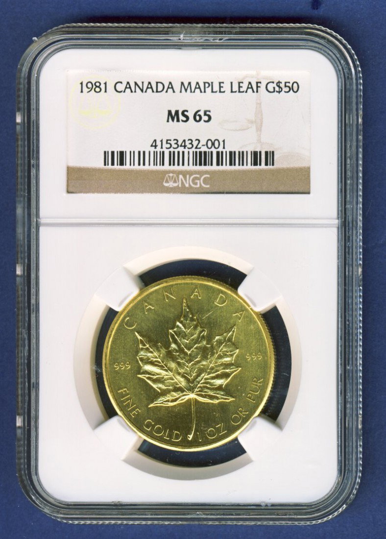 1981 $50 CANADA GOLD MAPLE LEAF NGC MS65: Winner shall receive the exact item shown here. 1981 $50 CANADA GOLD MAPLE LEAF NGC MS65 OKG/KV (KVMM LOBB)