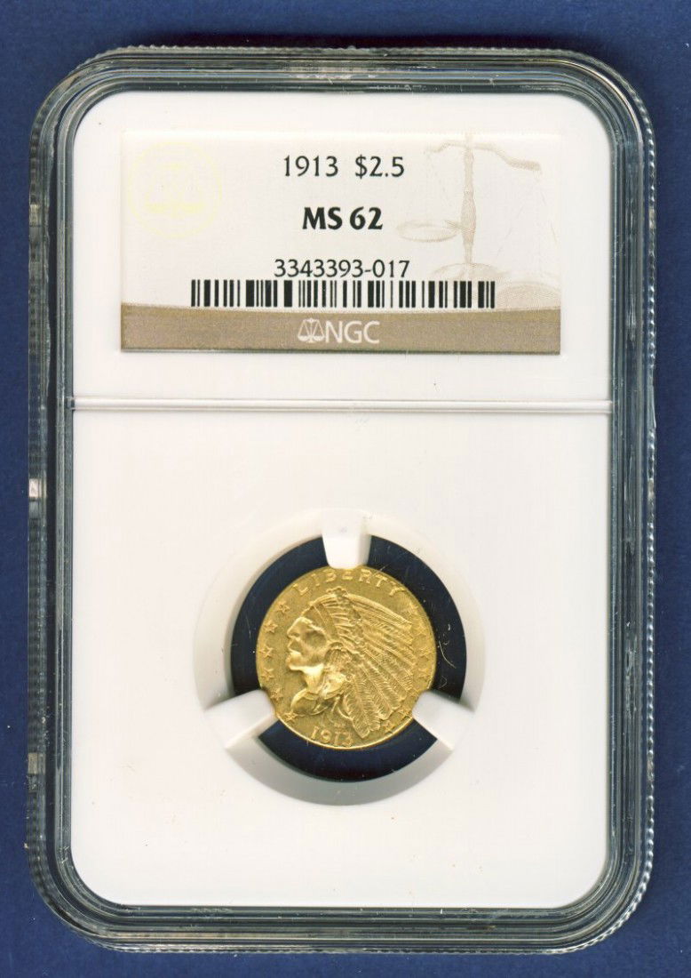 1913 $2 1/2 INDIAN GOLD COIN NGC MS62: Winner shall receive the exact coin shown here. 1913 $2 1/2 INDIAN GOLD COIN NGC MS62 EIB (KVMM EIB)