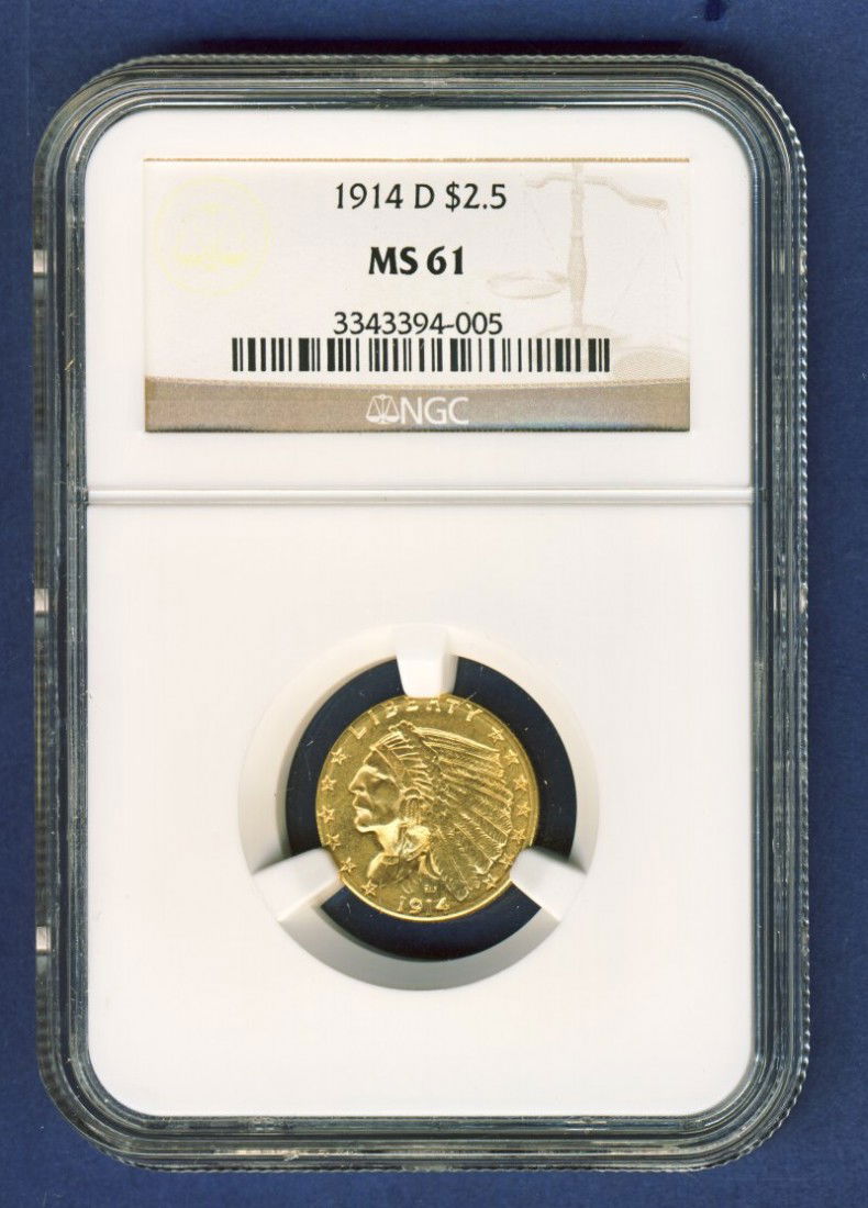 1914-D $2 1/2 INDIAN GOLD COIN NGC MS61: Winner shall receive the exact coin shown here. 1914-D $2 1/2 INDIAN GOLD COIN NGC MS61 EUB (KVMM EUB)