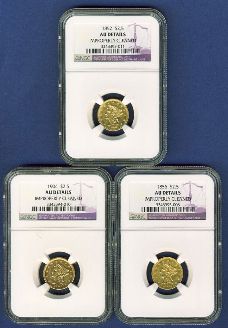 (3) $2 1/2 NGC AU GOLD COINS 1852-56-1904: Winner shall receive all three United States gold coins shown here. Each is certified by NGC and they are lookers!!! (3) $2 1/2 NGC AU GOLD COINS 1852-56-1904 FRB (KVMM FRB)