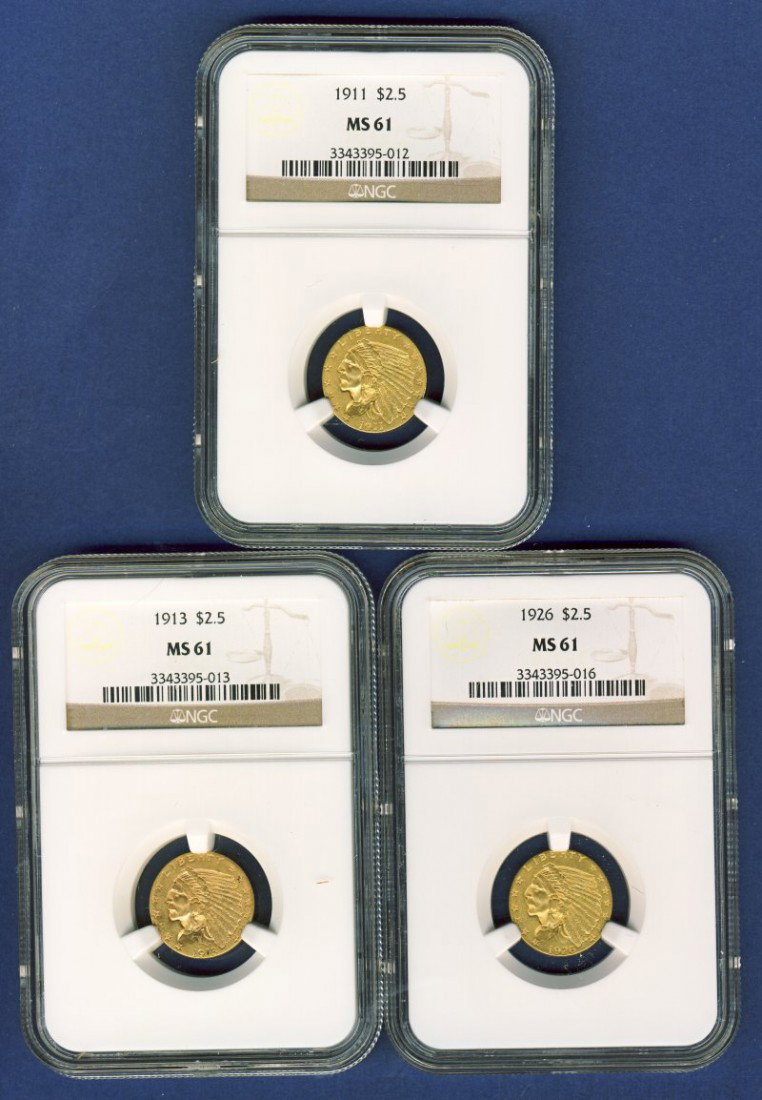 3 NGC MS61 $2 1/2 INDIAN GOLD COINS WINNER TAKE A: Each of these coins is certified by NGC numismatic guaranty Corporation of America's MS 61. Winner shall receive (1) 1911 (1) 1913 AND (1) 1926 just as a shown here 3 NGC MS61 $2 1/2 INDIAN GOLD COINS