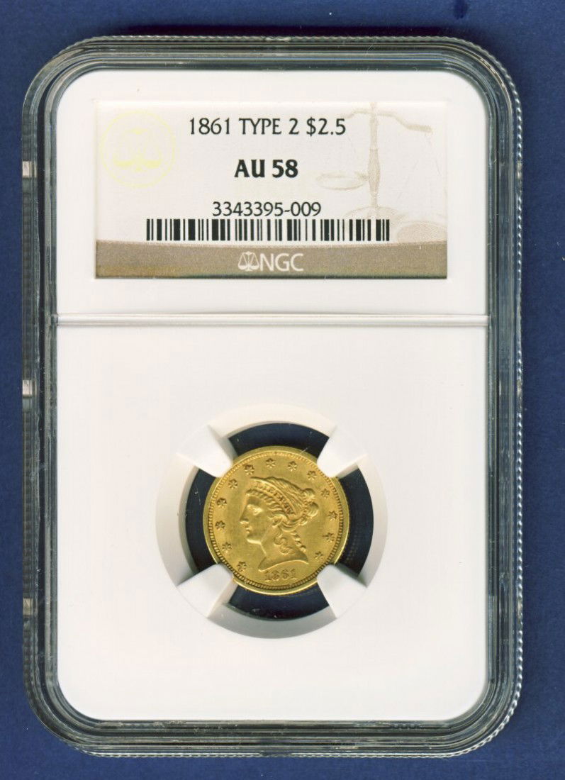 1861 TYPE II $2 1/2 LIBERTY GOLD NGC AU58: Winner shall receive the exact coin shown here. 1861 TYPE II $2 1/2 LIBERTY GOLD NGC AU58 EUR (KVMM EUR)
