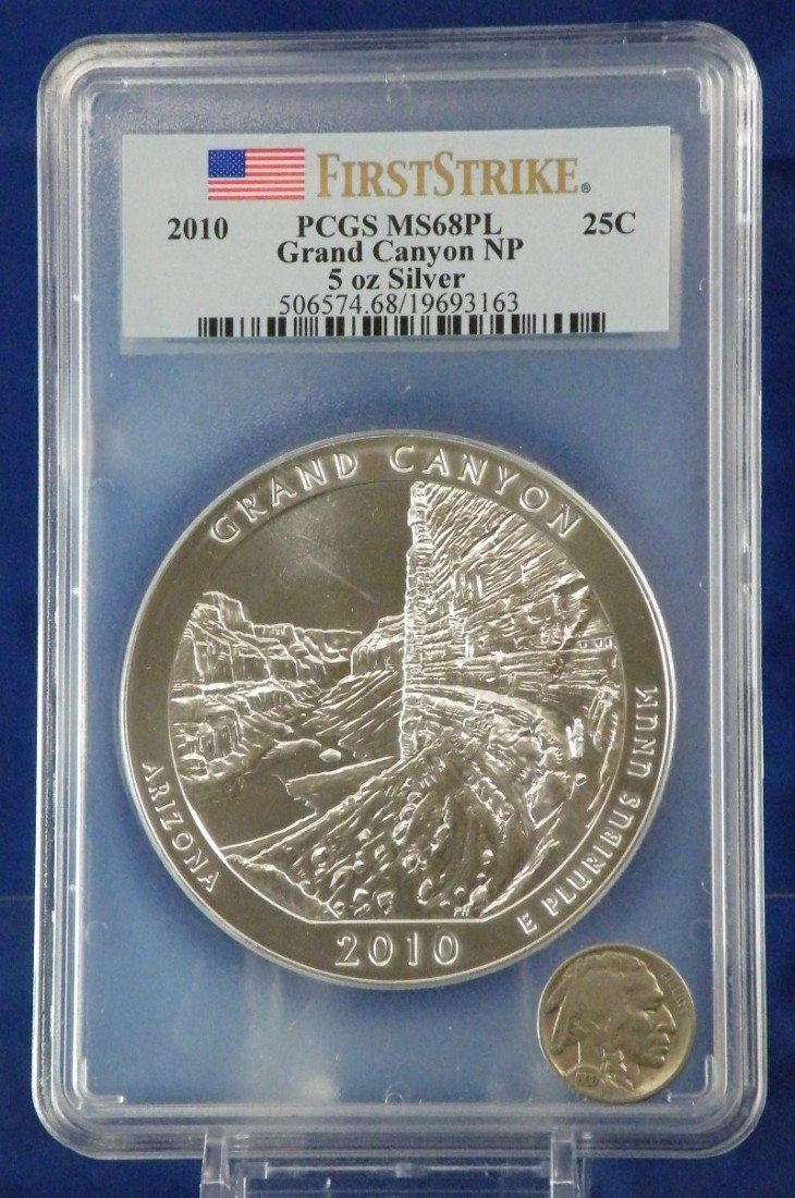AMERICA THE BEAUTIFUL 5 OUNCE SILVER GRAND CANYON: Winner shall receive (1) AMERICA THE BEAUTIFUL 5 OUNCE SILVER GRAND CANYON PCGS MS68PL FIRST STRIKE picked at random from stock on hand LIE (KVMM LIE)