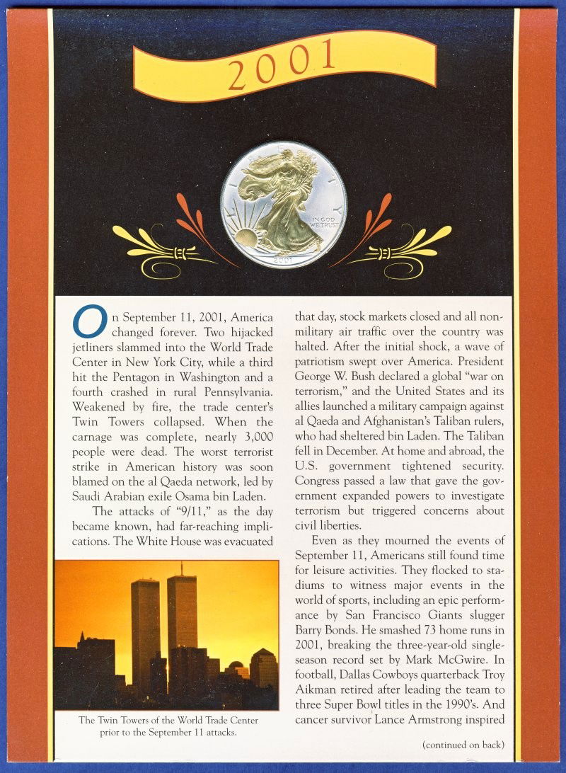 2001 AMERICAN SILVER EAGLE COIN ON YEAR FACT BOAR: Winner shall receive the exact item shown here. 2001 AMERICAN SILVER EAGLE COIN ON YEAR FACT BOARD EB (KVMM EB)