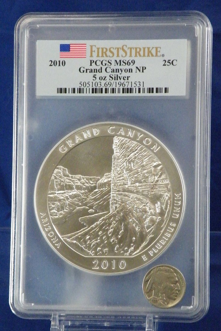 AMERICAN THE BEAUTIFUL 5 OUNCE SILVER GRAND CANYO: Winner shall receive (1) AMERICA THE BEAUTIFUL 5 OUNCE SILVER GRAND CANYON PCGS MS69 FIRST STRIKE picked at random from stock on hand LIE (KVMM LIE)