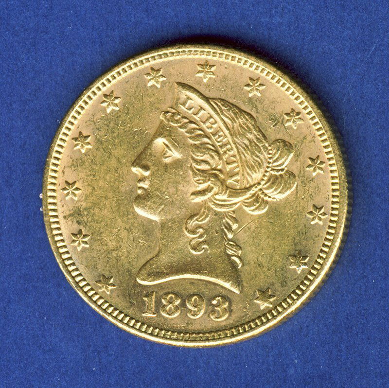 1893 $10 GOLD LIBERTY CHOICE BU CONDITION: Winner shall receive the exact coin shown here. 1893 $10 GOLD LIBERTY CHOICE BU CONDITION IRB (KVMM IRB)