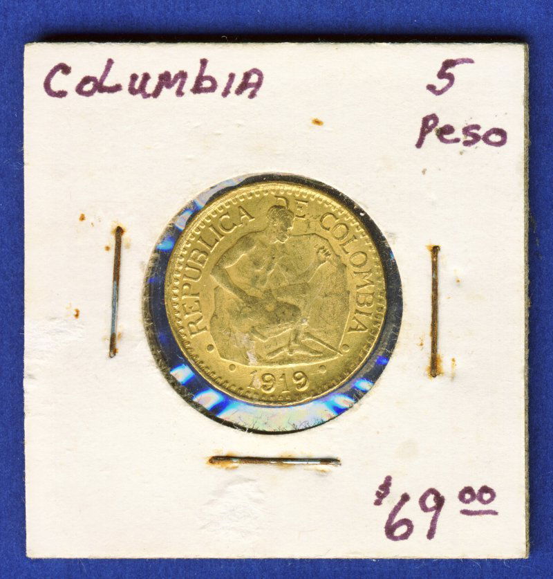 1919 UNCIRCULATED $5 PESO COLOMBIAN GOLD .2355 AG: Winner shall receive the exact coin shown here. 1919 UNCIRCULATED $5 PESO COLOMBIAN GOLD .2355 AGW EFR (KVMM EFR)