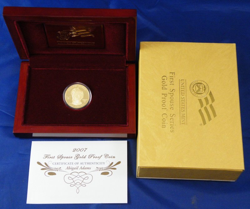 GENUINE US MINT PROOF .9999 1/2 OUNCE GOLD FIRST : Winner shall receive the 1/2 ounce proof gold coin shown here with the original government packaging and paperwork. A lovely example. GENUINE US MINT PROOF .9999 1/2 OUNCE GOLD FIRST SPOUSE ABIGAL ADA