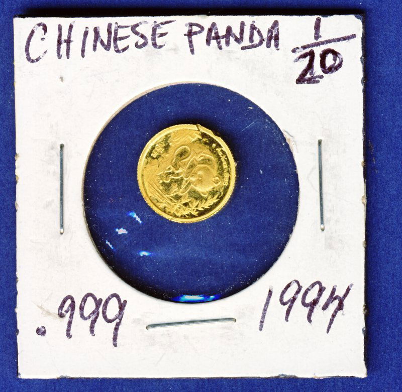 1994 1/20 OUNCE GOLD PANDA COIN DAMAGED : Winner shall receive the exact 1/20 ounce gold Panda coin shown here. Please look at the supersized scan closely, there are a few knicks here and there. 1994 1/20 OUNCE GOLD PANDA COIN DAMAGED IR (KVM