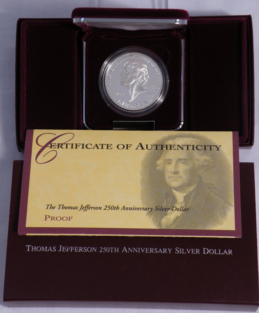 1993 THOMAS JEFFERSON 250TH ANN PROOF SILVER COIN: Your winning bids will arrive exactly as shown in picture in lot catalog. *1993 THOMAS JEFFERSON 250TH ANN PROOF SILVER COIN LR (KVMM LR) Charity: Proceeds from items in this auction marked with an as