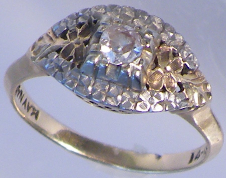 ANTIQUE FILIGREE DIAMOND ENGAGEMENT RING 2.6G: This is for a stunning antique Deco Filigree 2 tone diamond engagement ring. We believe that these are mine cut diamonds. This ring is set in 14k-18k yellow and white gold and is a size 7 1/4. FO (AS 