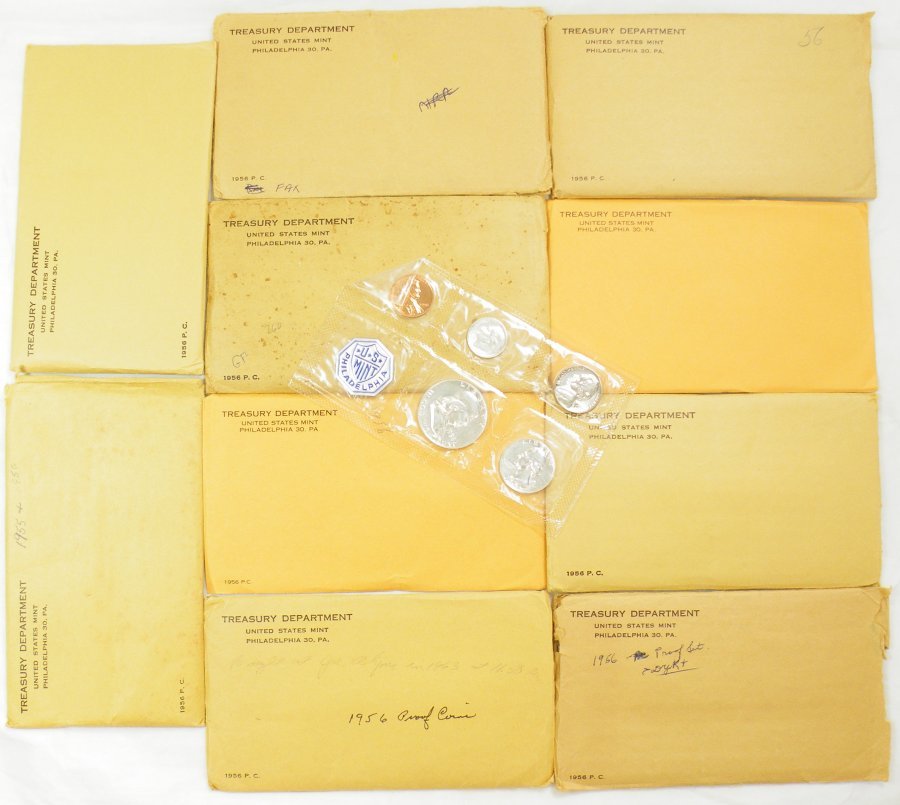 (10) 1956 UNITED STATES PROOF SETS: One of our biggest clients and most active consignors has been trading proof sets like crazy into pre-1933 certified gold products. That leaves us with a huge mound of proof sets from 1951-1964, and t