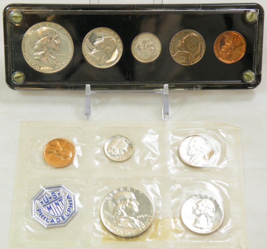 (2) 1959 UNITED STATES PROOF SETS: One of our biggest clients and most active consignors has been trading proof sets like crazy into pre-1933 certified gold products. That leaves us with a huge mound of proof sets from 1951-1964, and t