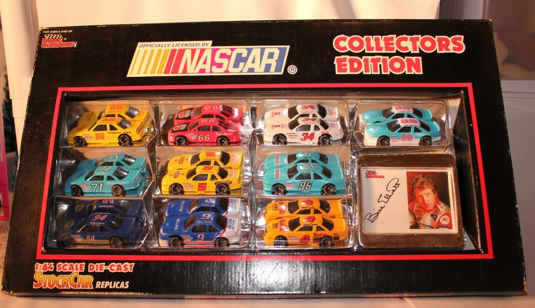 RACING CHAMPIONS NASCAR 1:64 REPLICA COLLECTION: Collection of ten 1:64 scale cars of Bill Elliot with collectors card. Please note the signature on the card is not an original autograph.