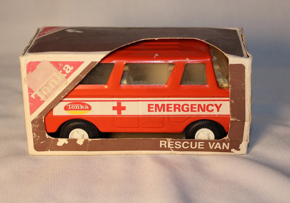 TONKA RESCUE VAN #999 NEW IN ORIGINAL BOX: Complete unused Tonka Rescue Van from mid 70’s in original box. Van is excellent shape, box is in fair to good shape with remnants of original cloth style price tag.