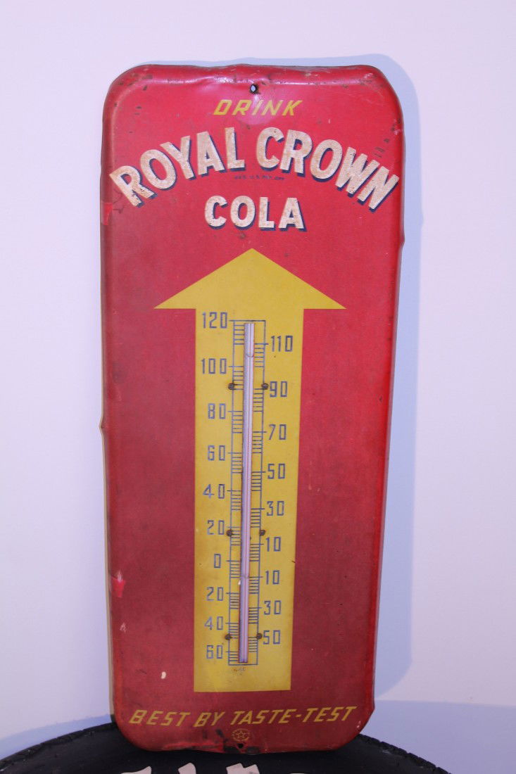 ROYAL CROWN (RC) COLA ORIGINAL THERMOMETER: This is an original item, NOT a reproduction and is complete with working glass thermometer. It is date coded 1953 on bottom right. Item has some minor damage from being hung outside for a period of t