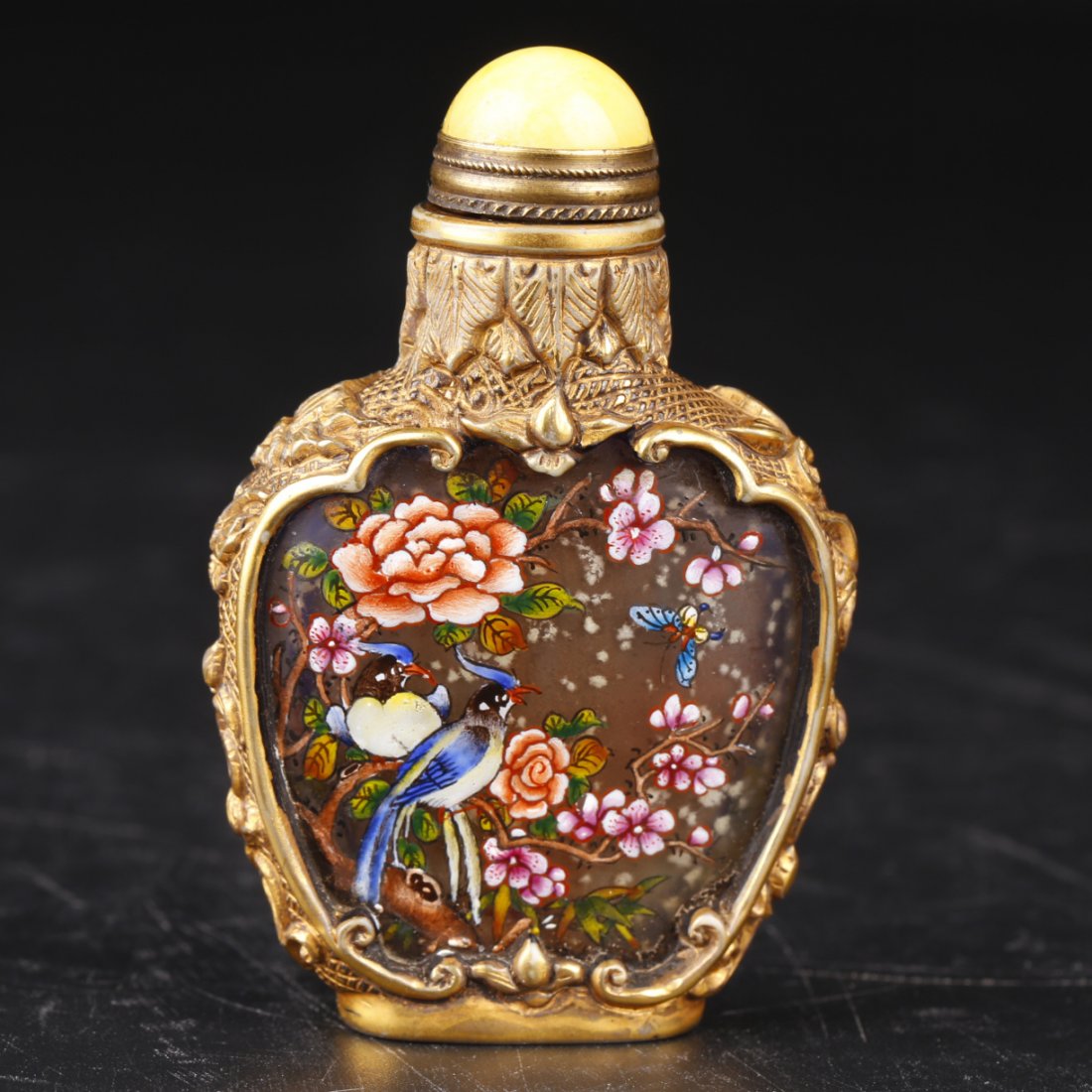 Peking Glass Gilt Copper & Painting Snuff Bottle. (1 of 10)