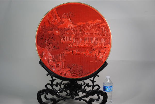 019: EXTRA LARGE CINNABAR ART PLATE: very fine cinnabar Art extra large plate. This article was displayed on May 1987 at the very famous Chinese Arts & crafts festival in Toronto . It was brought by the Chinese Cultural Minister and was