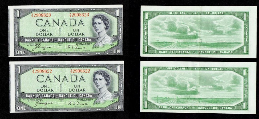 CANADIAN COINS: A pair of Bank of Canada One dollar notes, 1954 Devil's Face portrait, Error Cut off size, two in sequence. Extremely Fine Conditions. Serial# A/A 2908622; A/A2908623. Rare. 加拿大&#