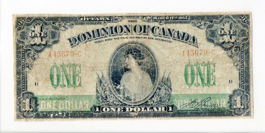 CANADIAN COIN: Canada, Dominion of Canada, 1917 One Dollar Note, C-series No Seal, Very Good to Fine Condition.