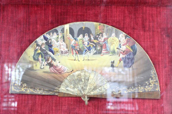 Very special and rare Spanish antique fan picture: Very special and rare Spanish antique fan picture .Hand painted so many figures on silk with tortoise shell fan by famous Spanish Artist C. LLOVERA ( 1700-1800 ) artist marked with gold frame. 40 x 61