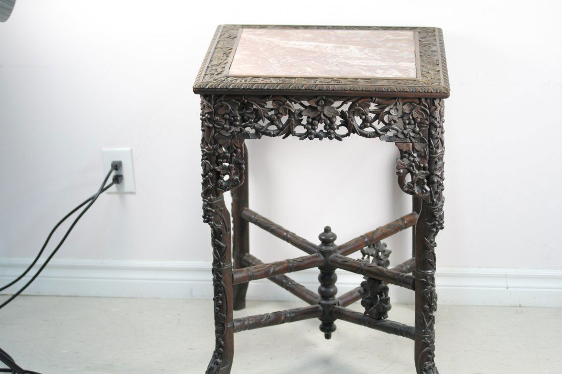 Red wood square table with marble top: The red wood square table with marble top hand carving with the grape and squirrel. Qing Dynasty.size: 56 x 56 x 77 cm