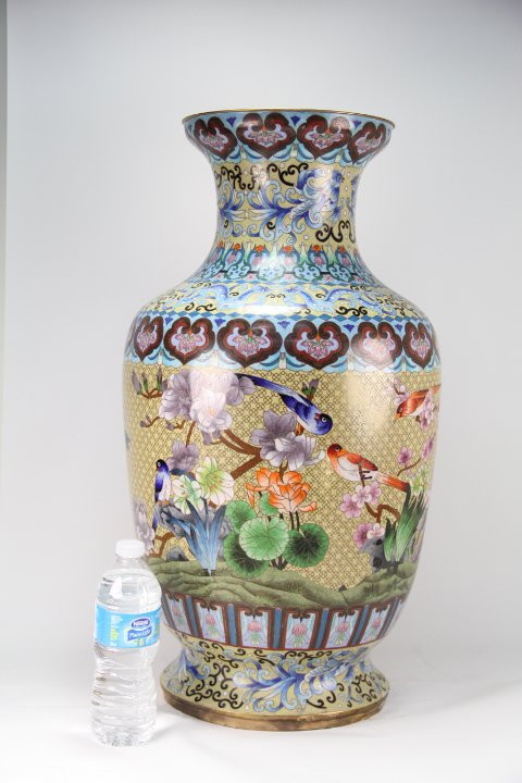 LARGE OLD CLOISONNE VASE: Large old cloisonne with flowers, birds, and phoenix vase. Very fine & Rare.