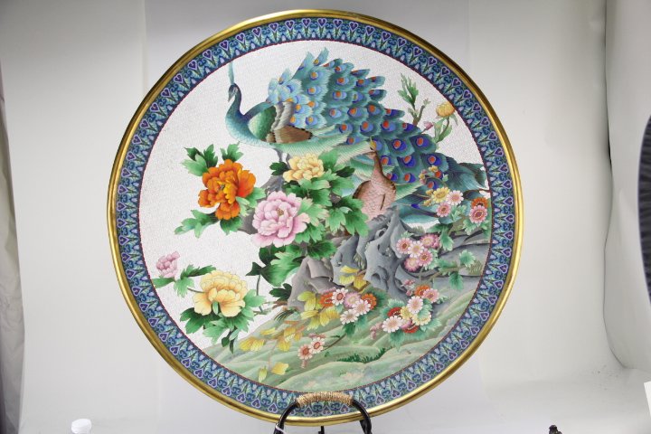 LARGE OLD CLOISONNE GRAIL: Very fine and large old cloisonne grail with flowers, birds, & peacock.
