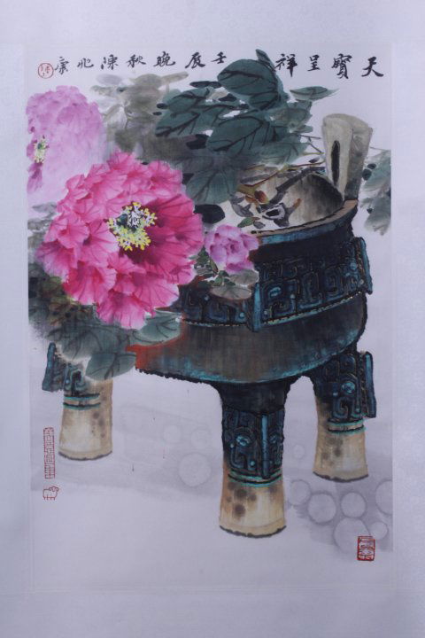CHINESE WATER COLOR HAND PAINTED HANGING SCROLL: Chinese water color hand painted hanging scroll. Chinese water color hand painted peonies and bronze censer on rice paper by famous artist ZhaoKang Chen.