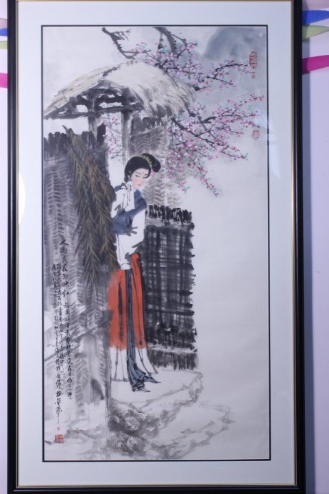 CHINESE WATER COLOUR HAND PAINTED WITH NICE WOOD FRAME: Chinese water color hand painted with nice wood frame. Chinese water color hand painted beautiful girl on rice paper by very famous artist Shan BaiQin . Good condition.