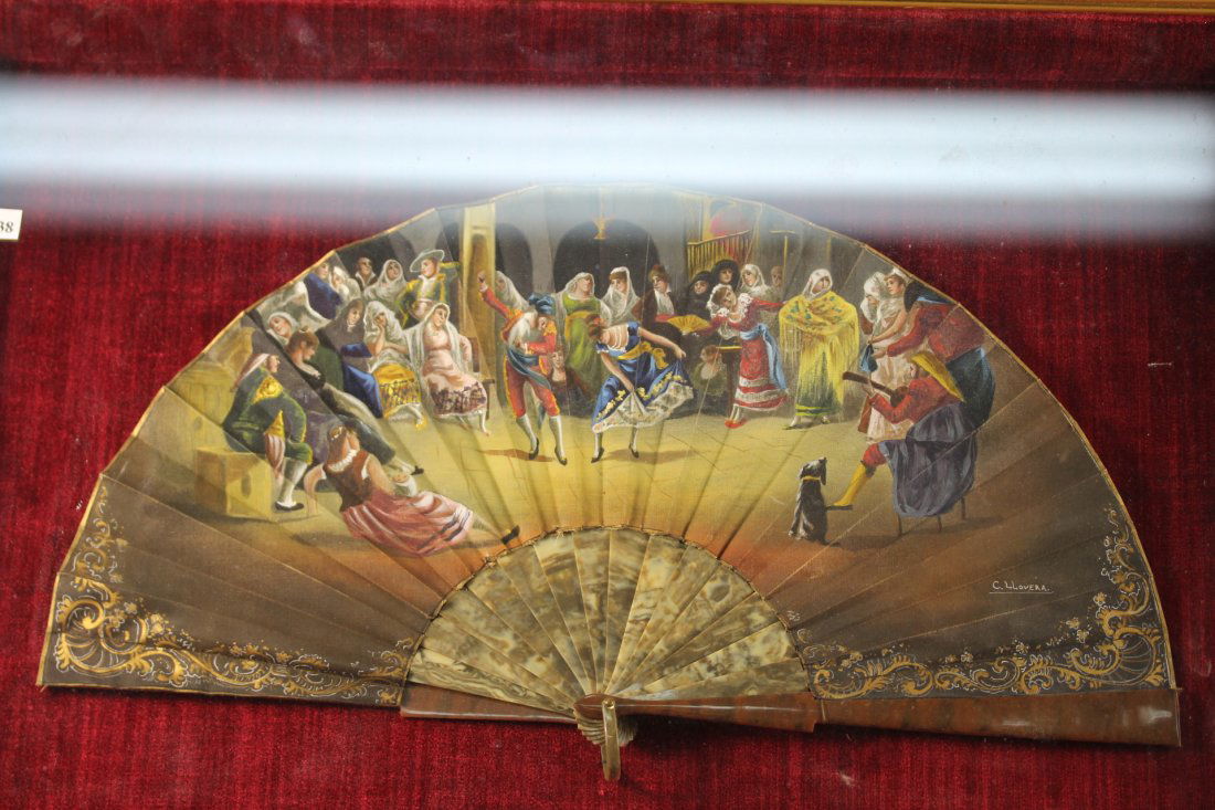 VERY SPECIAL AND RARE SPANISH ANTIQUE FAN PICTURE: Very special and rare Spanish antique fan picture. Hand painted with so many figures on silk with tortoise shell fan by famous Spanish Artist C. LLOVERA (1700-1800) artist marked with gold frame. Size