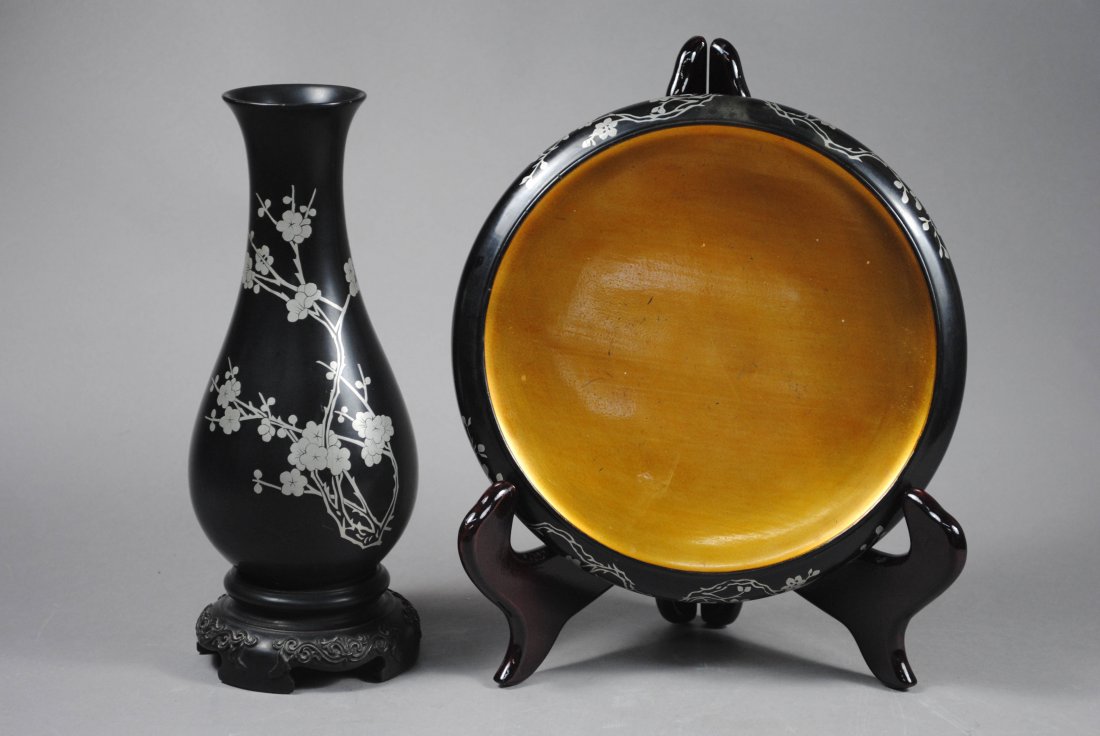 FUZHOU BODILESS LACQUER VASE AND BRUSH WASH.: "Foochow Ling Dai Mi Ware, Made In China" mark on outside bottom of brush wash. Both are finely designed with blossom plum pattern with silver inlaid. Height of Vase: 24cm. Dia of Wash: 21cm. Height o