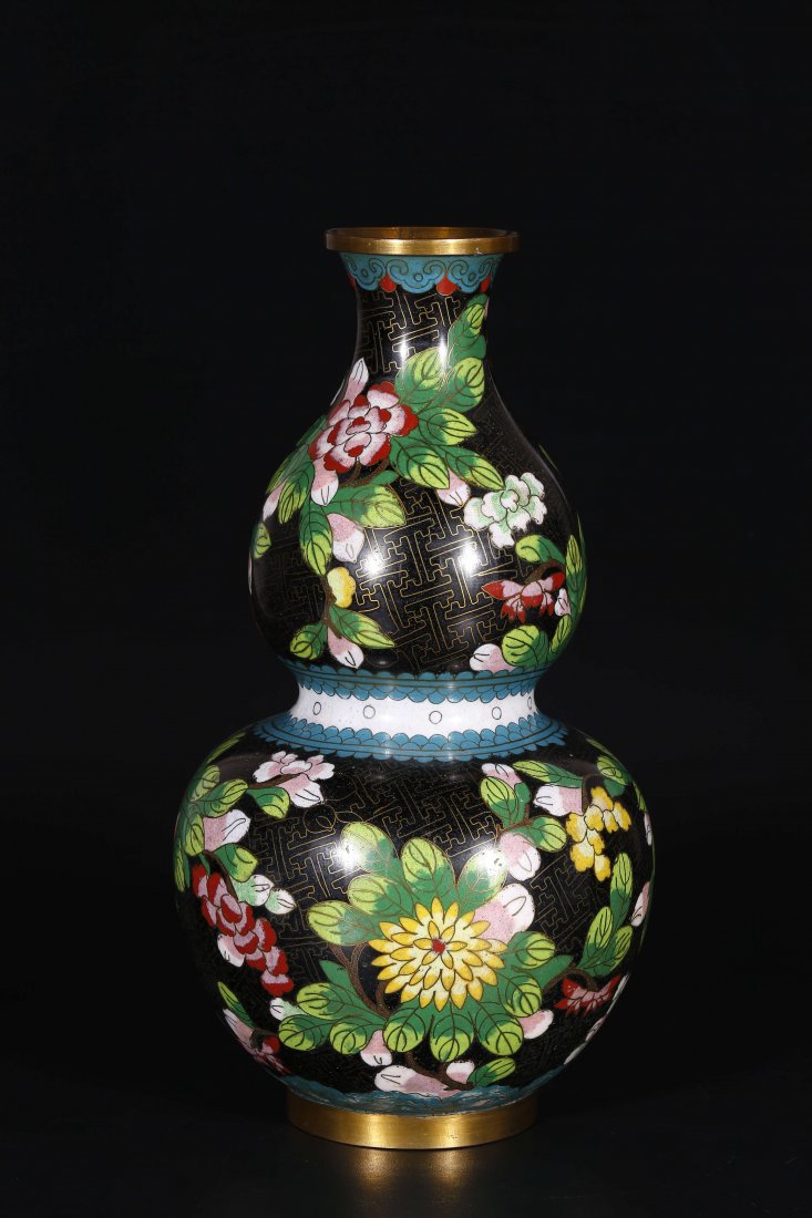 Black Glazed Cloisonne Gourd Shape Vase. (1 of 8)