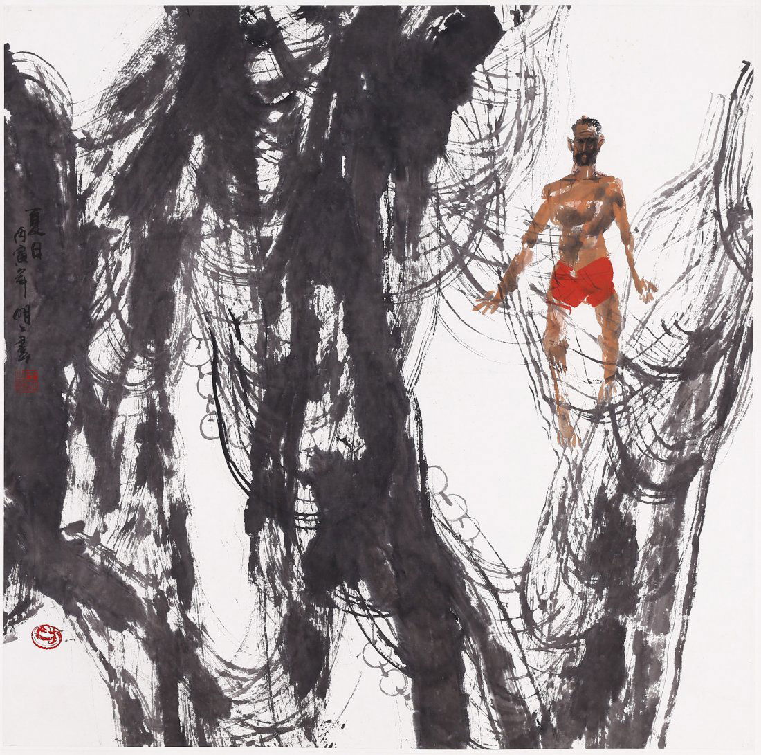 A Chinese Original Painting By Wang MingMing.: Watercolor on paper, depicting a figurative theme. Wang Ming is the President of Art Academy Of Beijing. This painting was painted for an art exhibition in Singapore. Size: 67x68cm. 北京&#