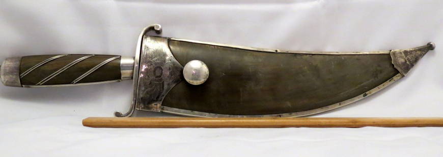 Edged Weapons: Scarce Rhino horn scabbard and Knife with silver sheath and handle, Arabian style, massive knife in excellent condition, 17 1/2" overall, unmarked but probably from the 1830's to 1840's. Knives like t