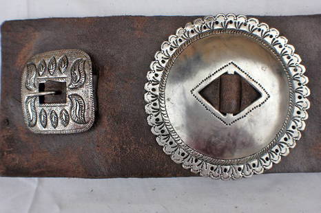 Cowboy Gear: Very Large Leather Concho belt, width 4 1/2 inches by 44 inches long in near perfect condition for its age