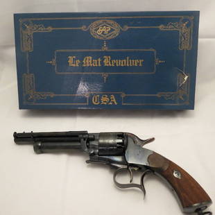 Collector Firearms: Cased New Civil War Le Mat Revolver in it's original box. Serial No. 115329. Engraved in excellent conditon,wood checkered stock. No FFL transfer required