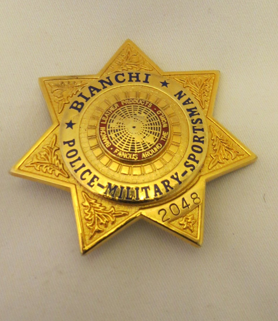 Badges: Original Bianchi Police, Military, Sportsman Badge. Has number 2048, beautiful piece