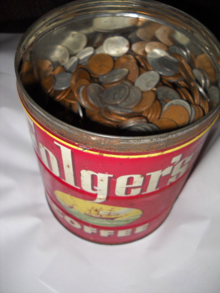 Coins/Paper: Old Folgers Coffee Can almost completely full of Wheat Back Pennies, very heavy.
