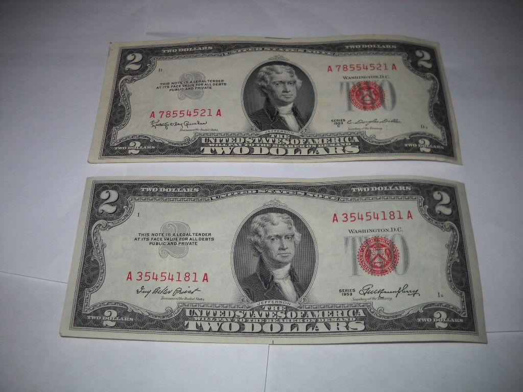 Coins/Paper: Lot of Two "Red Bill", Two dollar bills, very good condition
