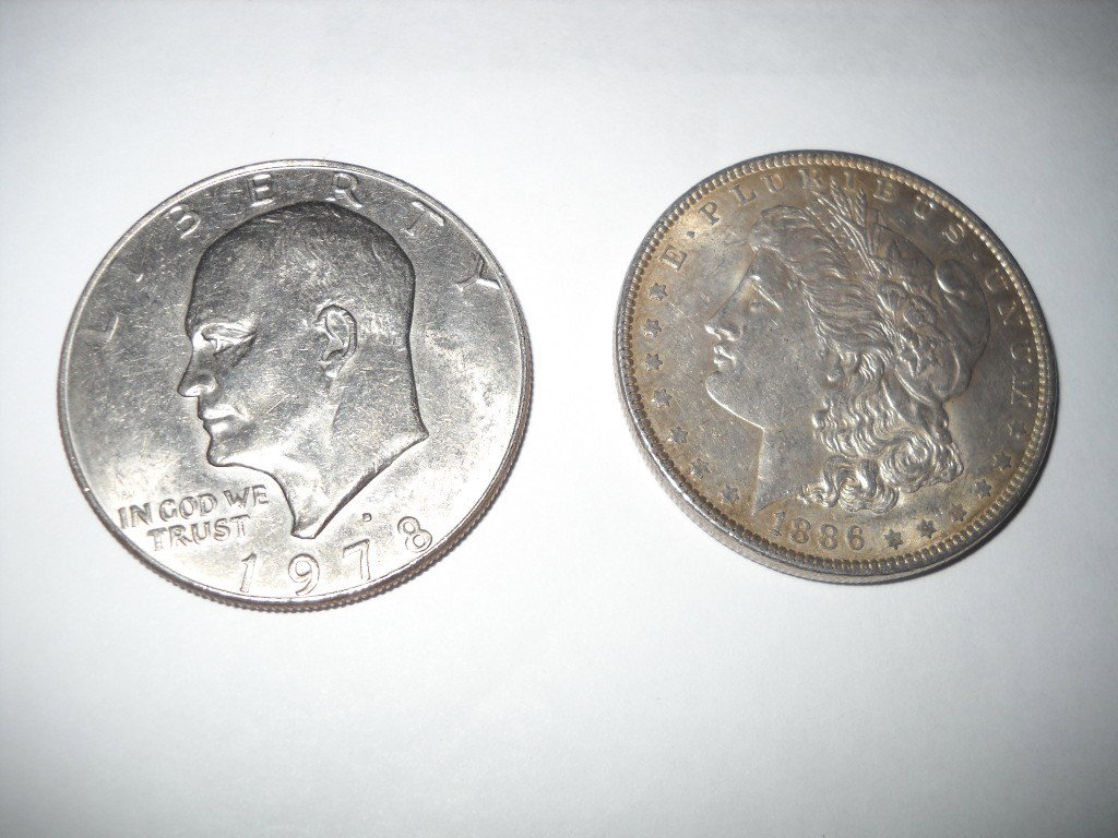 Coins/Paper: 1889 Morgan Silver Dollar & 1978 Ike dollar