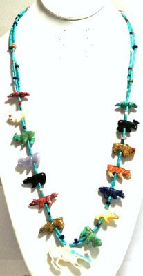 Zuni Multi-Stone Fetish Necklace - Andres Quande: Zuni Multi-Stone Fetish Necklace - Andres Quandelacy Measures 29" around. Bottom bear fetish measures 1-1/8" tall by 1-3/4" wide. Animals present: Bear, Alligator, Ram, Moose, Coyote, Buffalo, Jaguar.