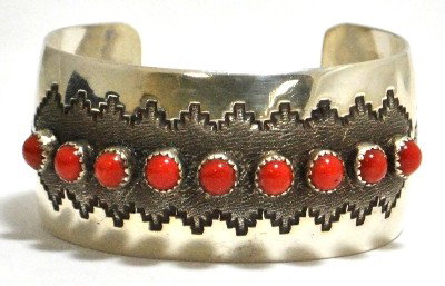 Old Pawn Coral Needlepoint Dots Sterling Silver: Old Pawn Coral Needlepoint Dots Sterling Silver Cuff Bracelet - PR Measures 6" around with a 1-1/8" gap, 1-1/4" wide. SKU: br0562