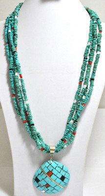 Old Pawn Santo Domingo Multi-Stone Shell Necklac: Old Pawn Santo Domingo Multi-Stone Shell Necklace Measures 29" around. Main shell measures 2-1/4" tall by 2-1/4" wide. Stones present: Turquoise, Mother of Pearl, Onyx, Coral. SKU: ne0129