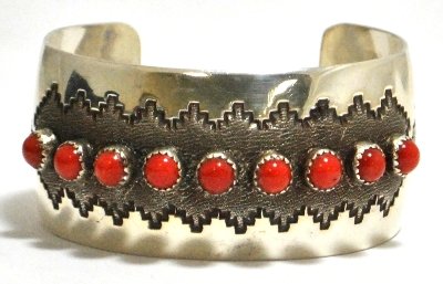 Old Pawn Coral Needlepoint Dots Sterling Silver Cuf: Old Pawn Coral Needlepoint Dots Sterling Silver Cuff Bracelet - PR SKU: br0562 Measures 6 around with a 1-1/8" gap, 1-1/4" wide. "